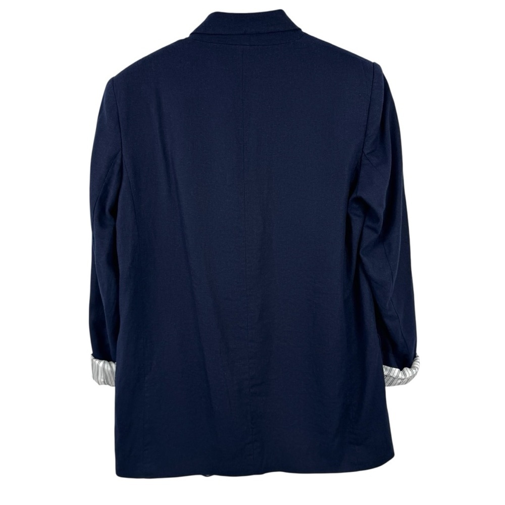 Zara Navy Blue Linen Blend Open Front Blazer Jacket Size Medium Striped Lining - Picture 9 of 16